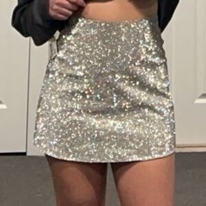 XS white fox boutique silver sparkle skirt